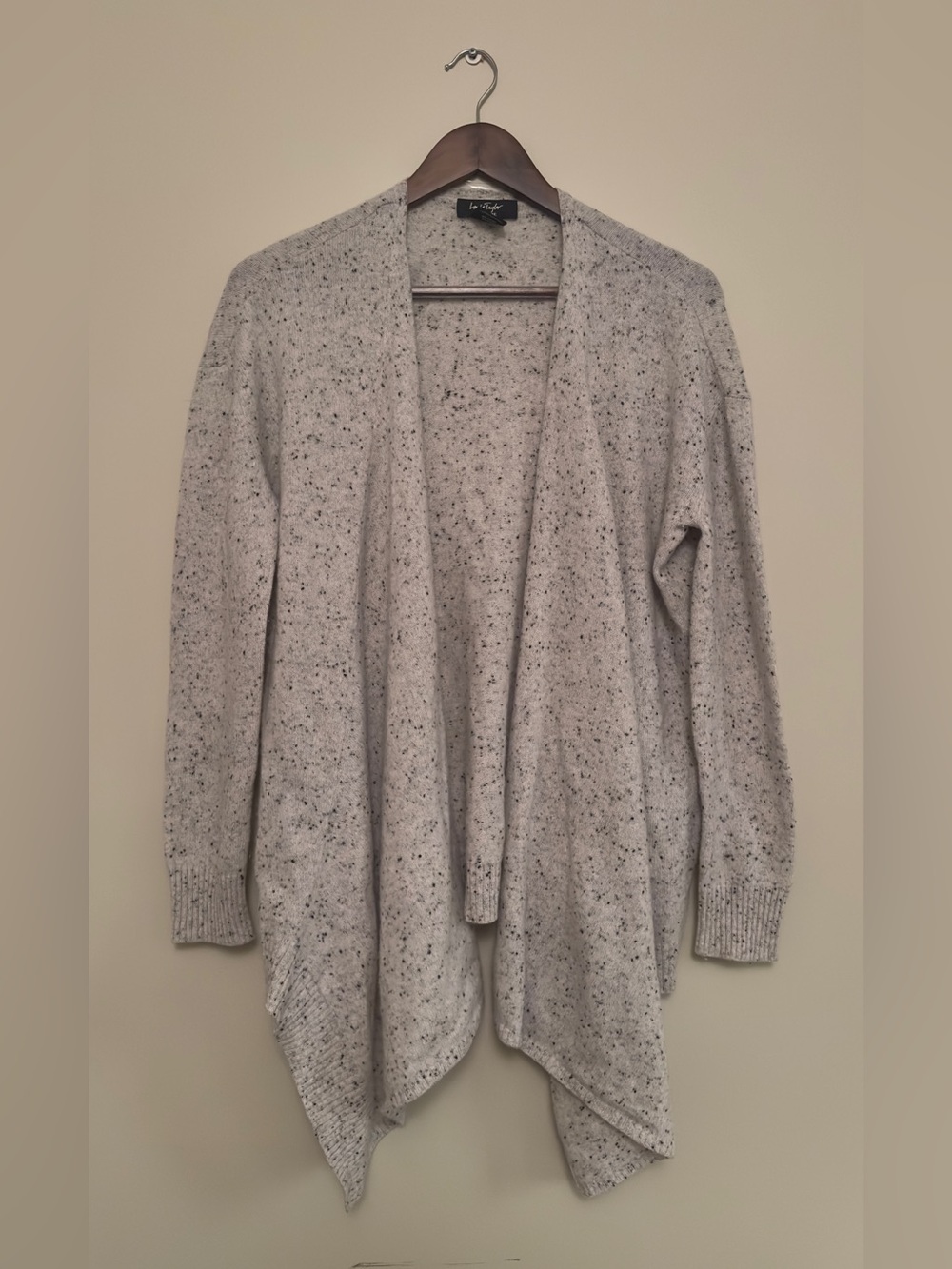 Lord & Taylor 100% Cashmere Open Waterfall Cardigan in Speckled Gray